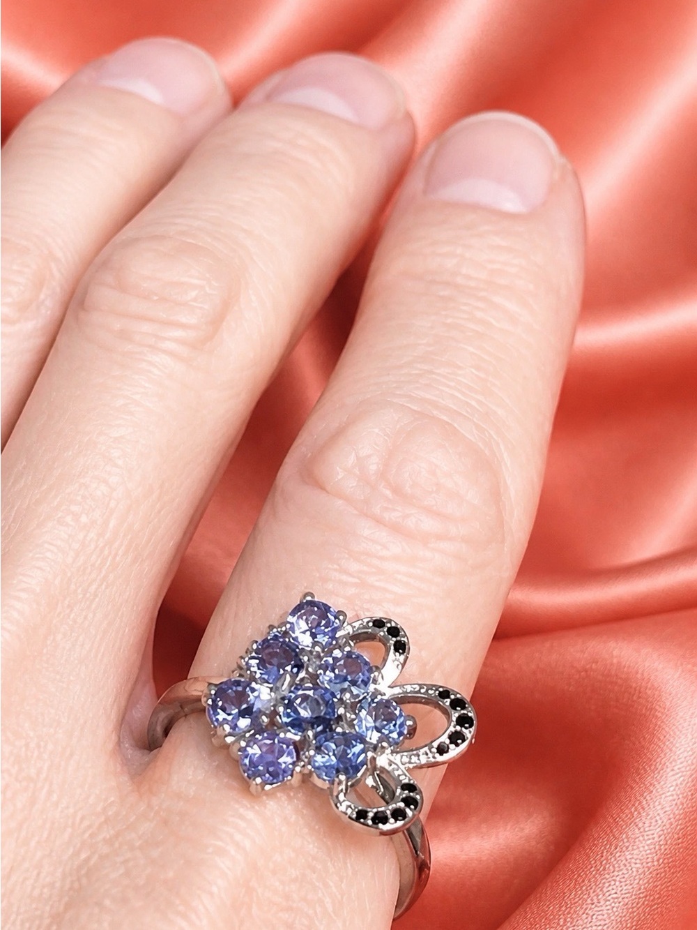 Free-Style 8-Stone Tanzanite and Spinel Ring set in Rhodium over 925 S.Silver
